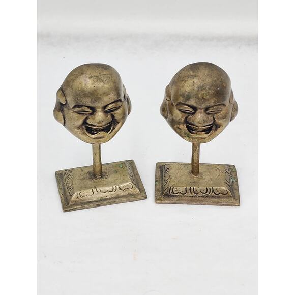 Laughing Buddha Pair Statue Figurines Brass Asian On Miniature Stand 3.5" - Picture 9 of 10
